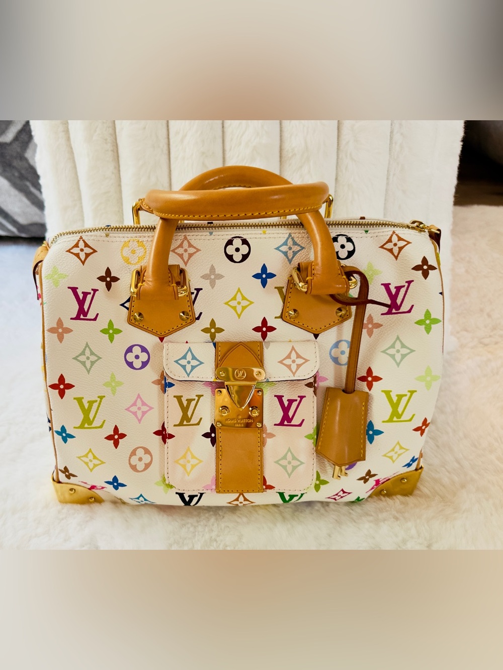 Louis Vuitton White Multicolor Monogram Satchel with Natural Vachetta Trim